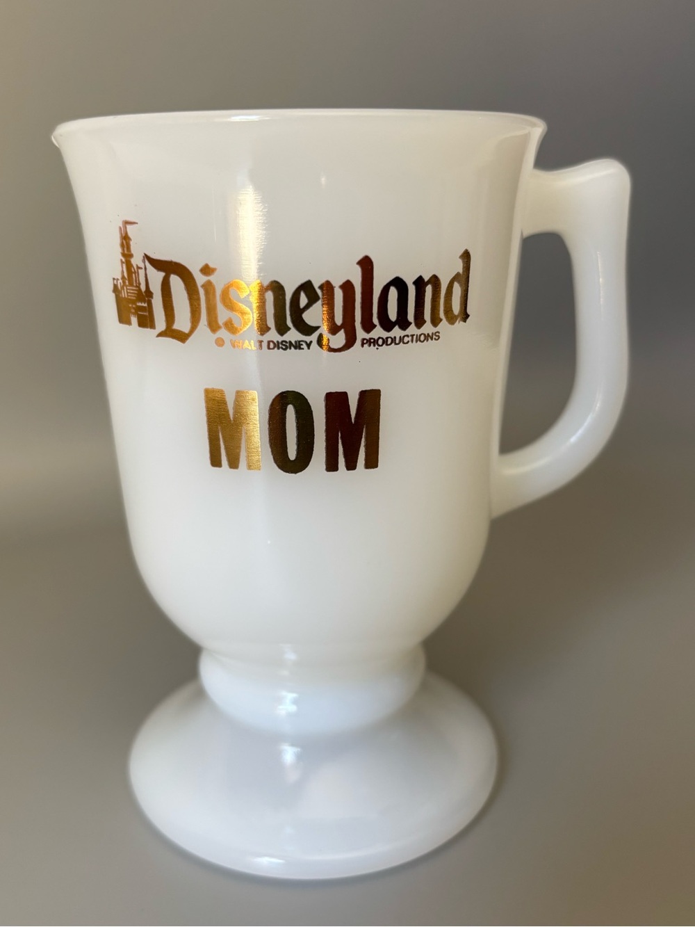 Vintage Disney Gold MOM White Milk Glass Pedestal Mug Cup 5.25"